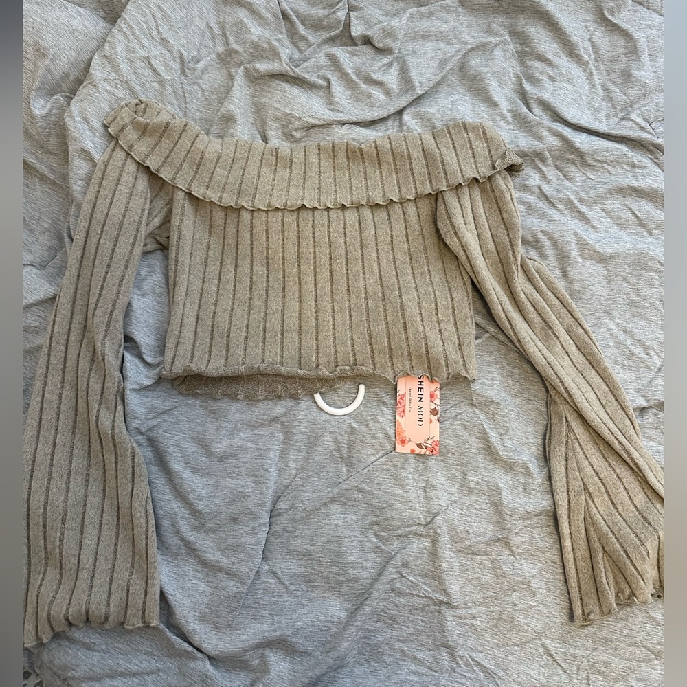 SHEIN Beige Off-Shoulder Ribbed Sweater
